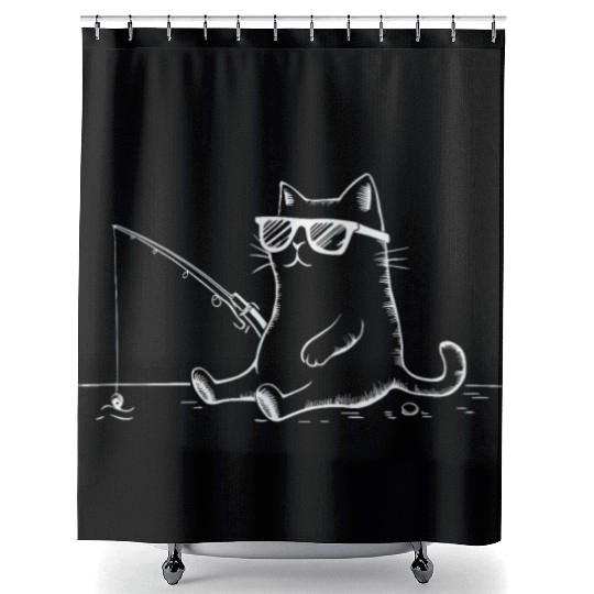 Cat Wearing Sunglasses Fishing Fun Shower Curtains