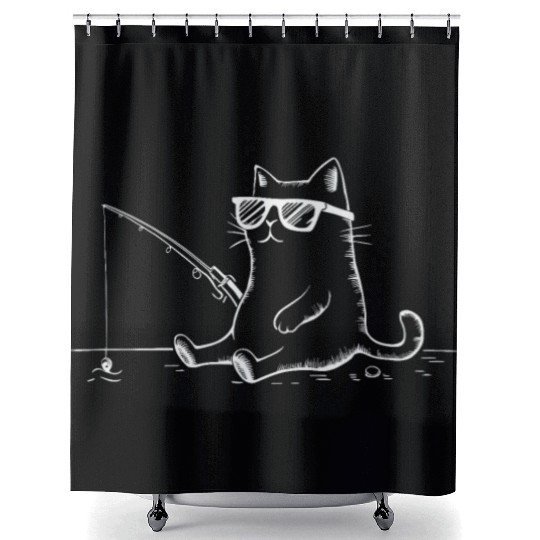 Cat Wearing Sunglasses Fishing Fun Shower Curtains