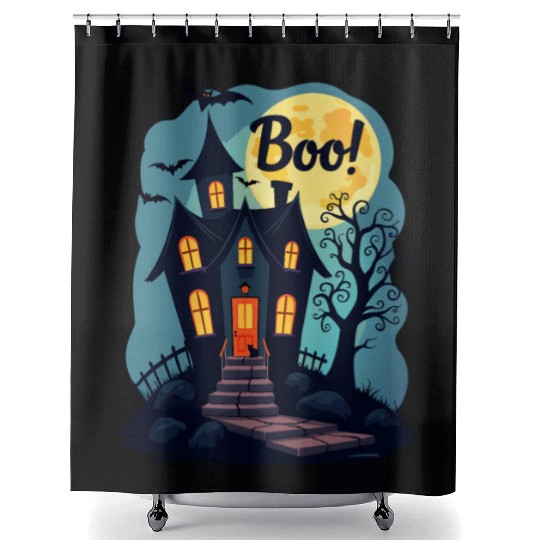 spooky haunted house with a black cat sitting Shower Curtains