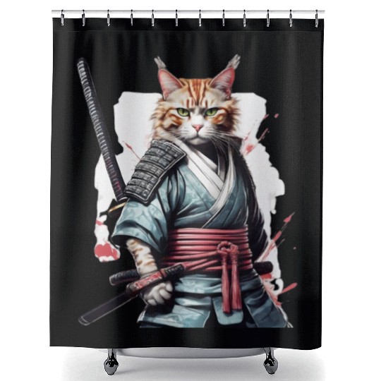 Fearless Samurai Cat Shower Curtains