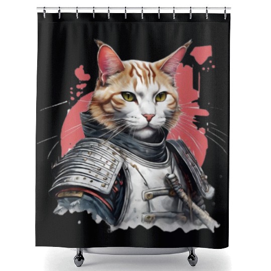Samurai Cat in Armor Shower Curtains