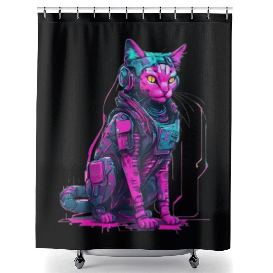 Cyber Warrior Cat Shower Curtains
