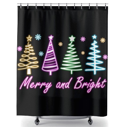 Merry and Bright Tree Neon Christmas Shower Curtains
