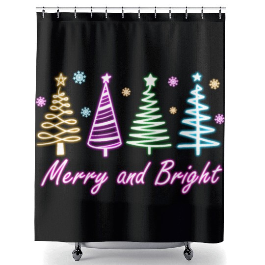Merry and Bright Tree Neon Christmas Shower Curtains