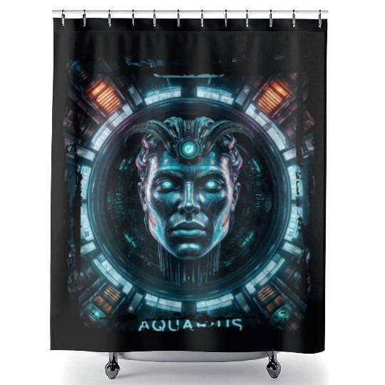 Zodiac sign Aquarius in cyberpunk era Future Shower Curtains