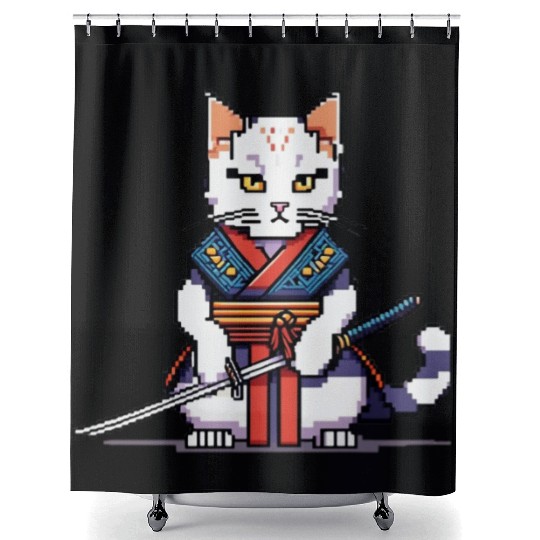 Pixel Samurai Cat Warrior Shower Curtains