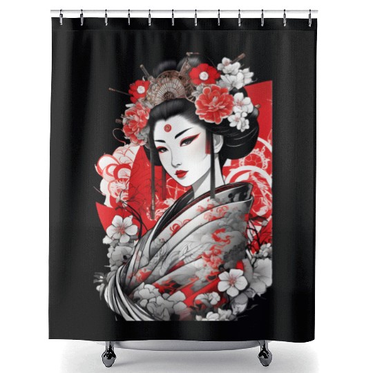 Elegant Geisha with Floral Kimono Shower Curtains