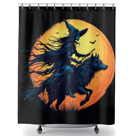 Halloween Witch Riding a Wolf Under Full Moon Shower Curtains