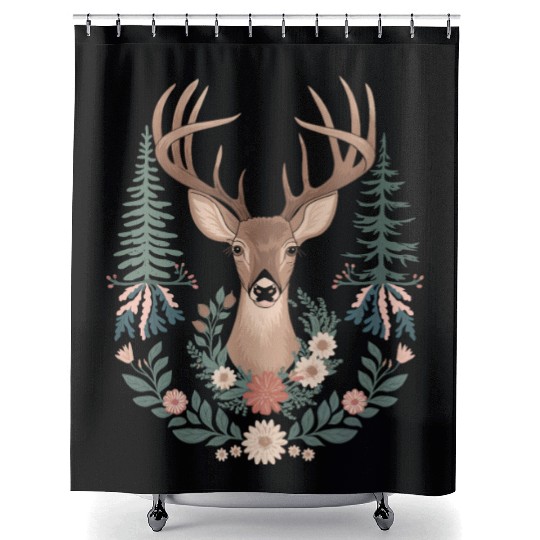 Cottagecore Deer with Floral Wreath and Evergreen Shower Curtains