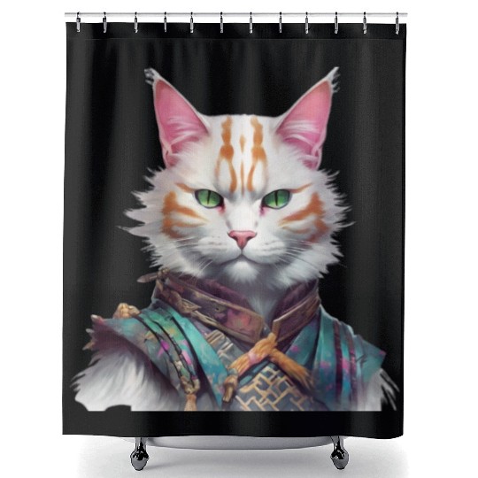 Samurai Cat Guardian Shower Curtains