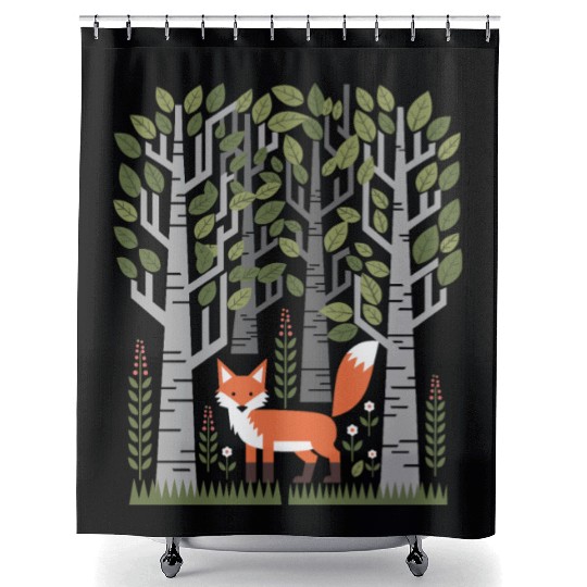 Cottagecore Fox in enchanting Birch Forest Shower Curtains
