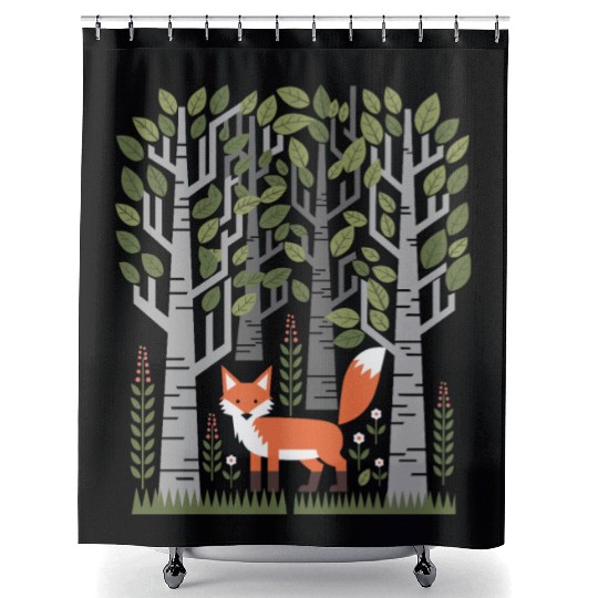 Cottagecore Fox in enchanting Birch Forest Shower Curtains
