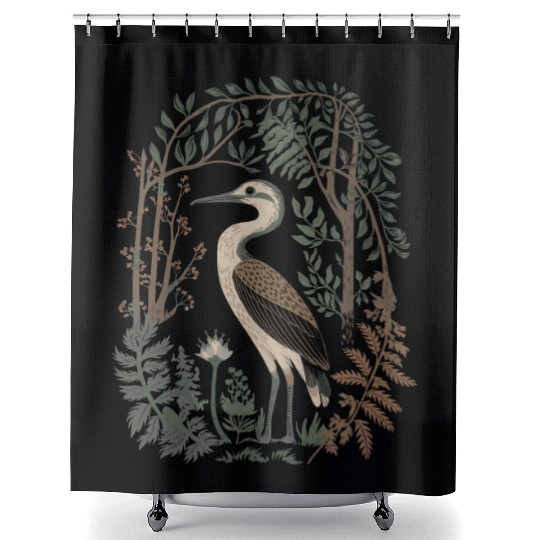 Heron in Forest Foliage Nature Scene Shower Curtains