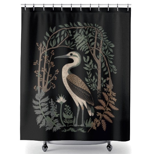 Heron in Forest Foliage Nature Scene Shower Curtains