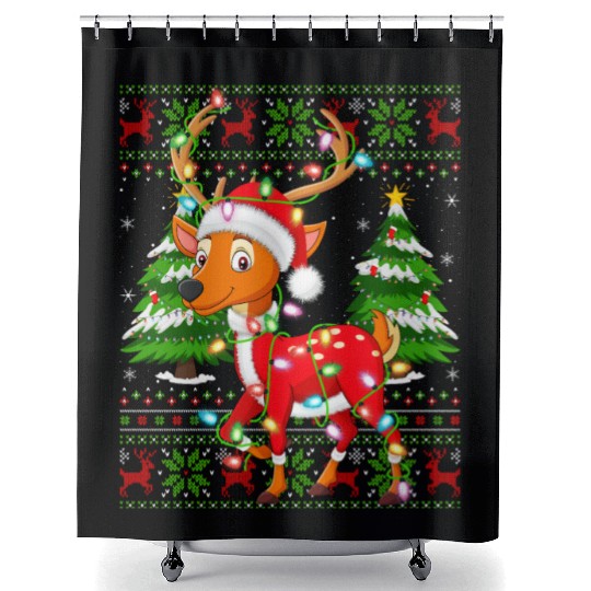 Deer Santa Hat Ugly Christmas Tree Lights Shower Curtains