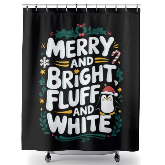 Merry And Bright, Fluff And White Penguin Shower Curtains