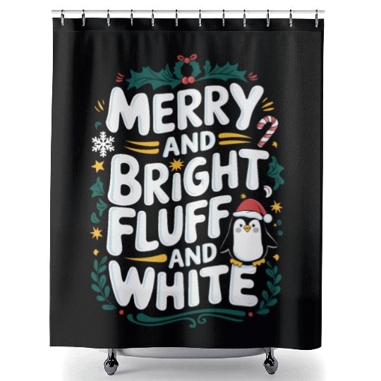 Merry And Bright, Fluff And White Penguin Shower Curtains