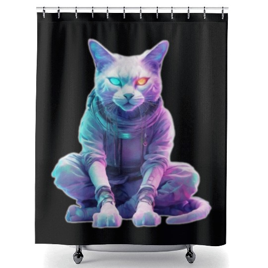 Futuristic Cyberpunk Cat Shower Curtains
