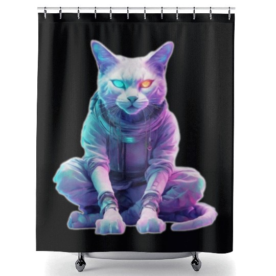 Futuristic Cyberpunk Cat Shower Curtains