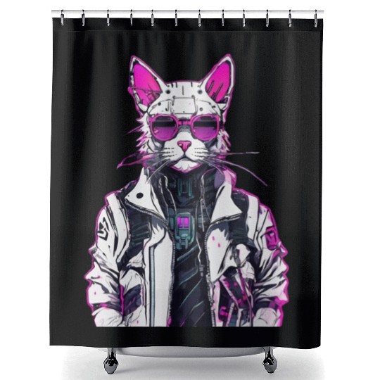 Cyberpunk Cat: Neon Outlaw Shower Curtains