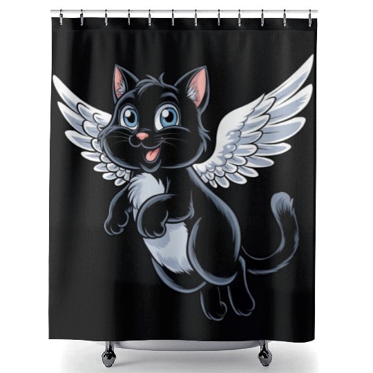 Black Cat with Angel Wings Shower Curtains