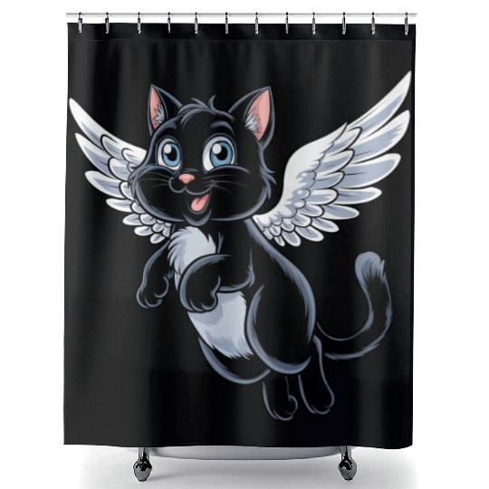 Black Cat with Angel Wings Shower Curtains