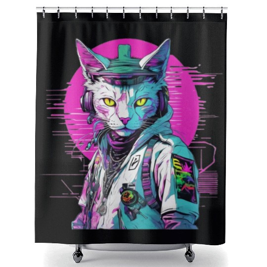 Neon Cyberpunk Warrior Cat Shower Curtains
