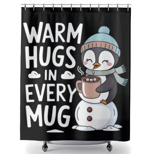 Warm Hugs in Every Mug Cozy Penguin Winter Magic Shower Curtains