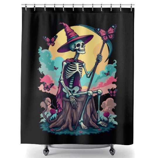 Tarot Card Magical Skeleton Death and Plants Shower Curtains