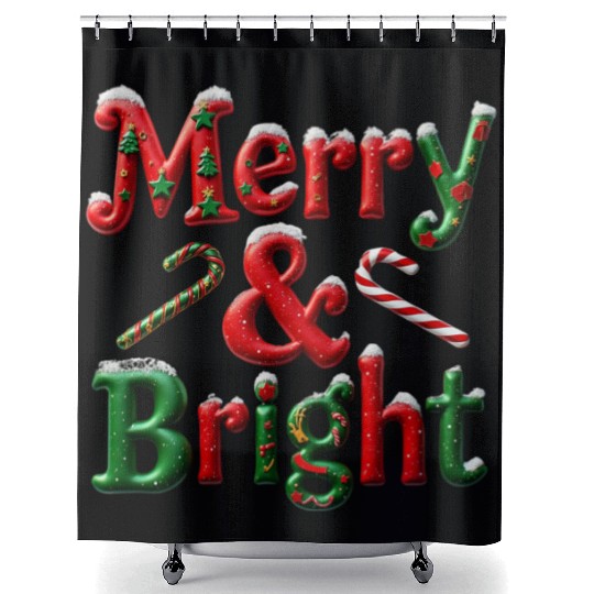 Merry and Bright Christmas Typography Shower Curtains