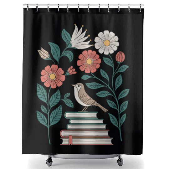 Cottagecore Bird on Books with Flowers Delight Shower Curtains