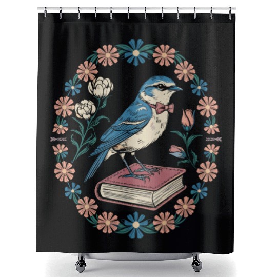 Cottagecore Bluebird on Book with Floral Frame Shower Curtains