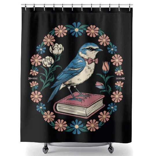 Cottagecore Bluebird on Book with Floral Frame Shower Curtains