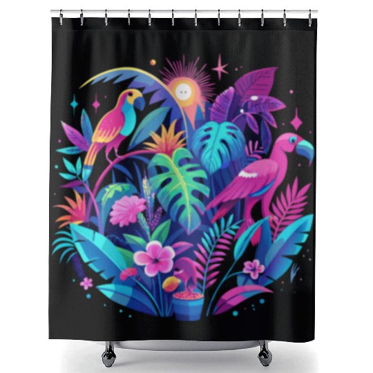 Neon Tropical Jungle at Night – Bright Pink Leaves Shower Curtains
