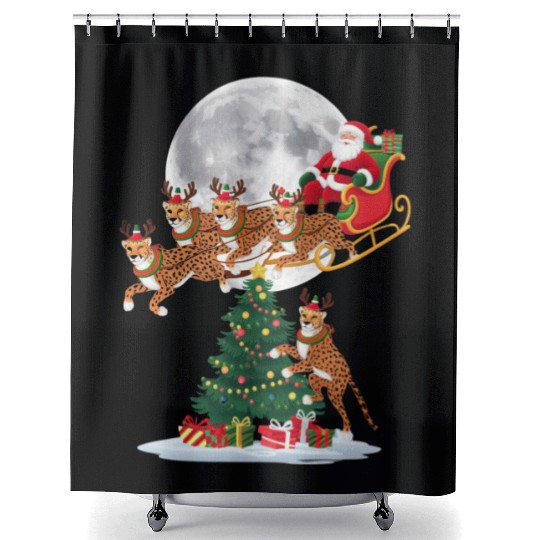 Xmas Tree Lights Funny Santa Riding Cheetah Shower Curtains