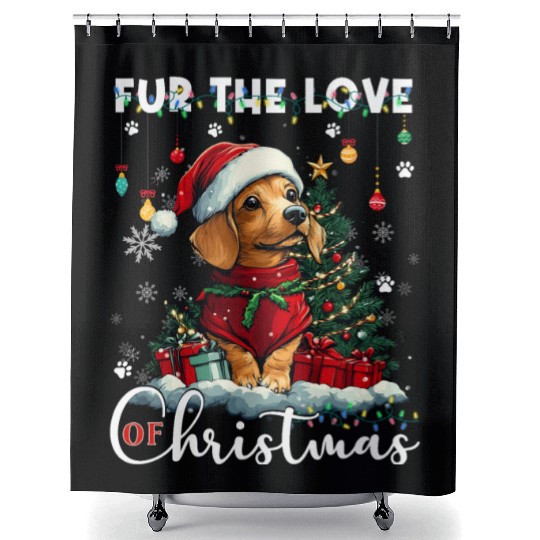 Dachshund Christmas Tree Lights Decorations Dog Shower Curtains