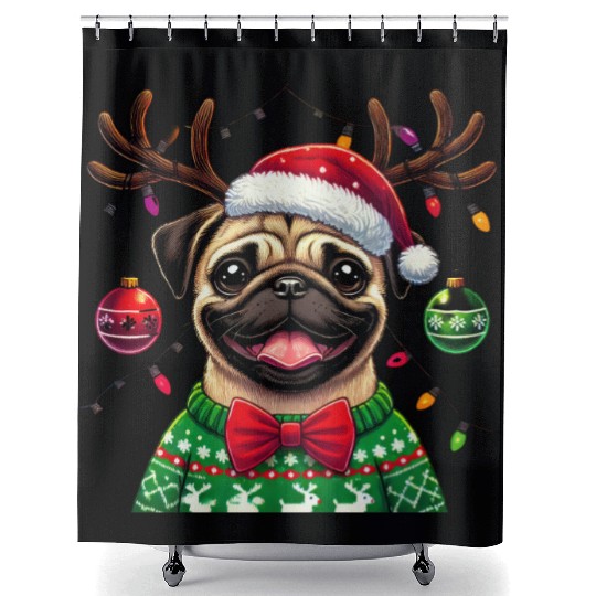 Cute Dog Wearing Santa Hat with Joyful Christmas Shower Curtains