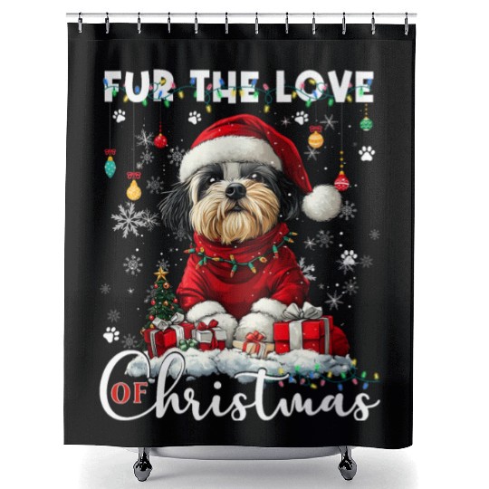 Shih Tzu Christmas Tree Lights Decorations Dog Shower Curtains