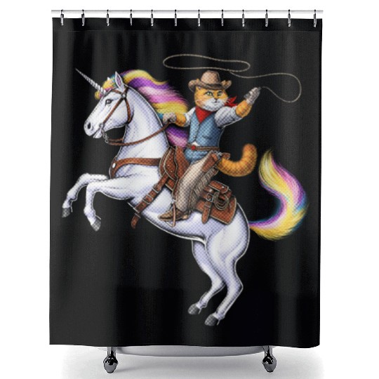 Cat Cowboy Riding Rodeo Unicorn Shower Curtains