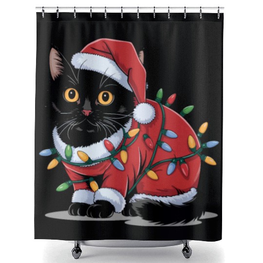 Cute Cat Santa with Christmas Lights Holiday Shower Curtains