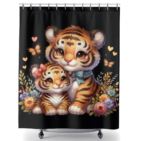 Adorable Tiger Cubs Surrounded by Butterflies and Shower Curtains