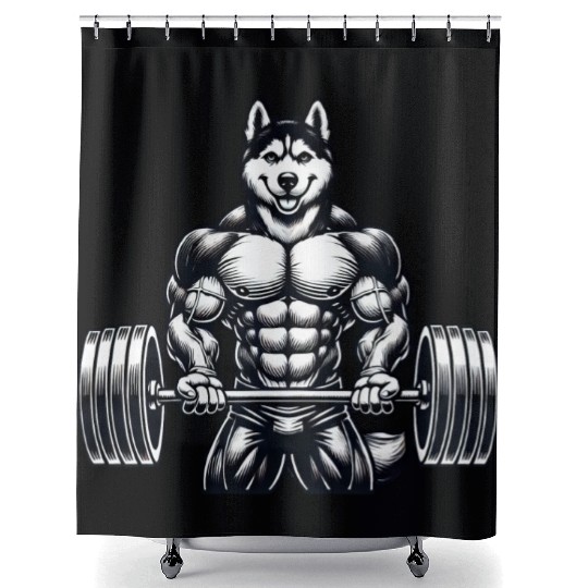 Cool Husky Fitness Bodybuilder Workout Cartoon Shower Curtains