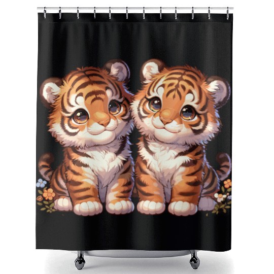 Adorable Twin Tiger Cubs Illustration with Flowers Shower Curtains