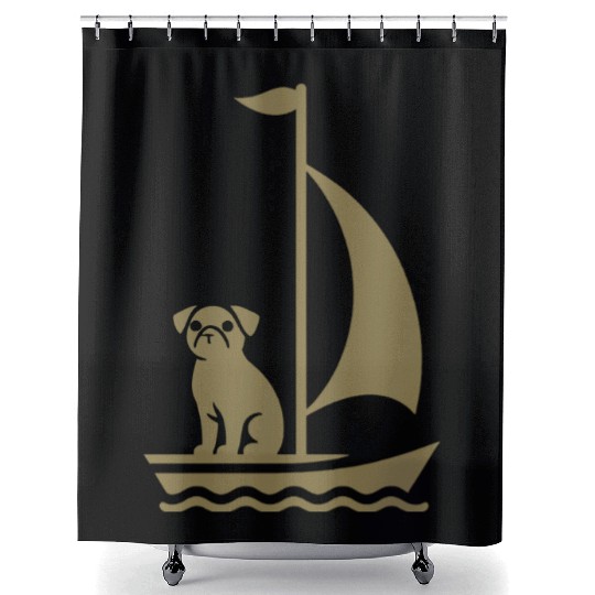 Pug in Boat Silhouette Sailing Minimalist Shower Curtains