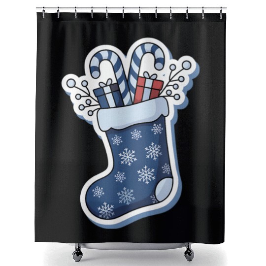 Christmas Stocking Candy Canes Blue And White Shower Curtains