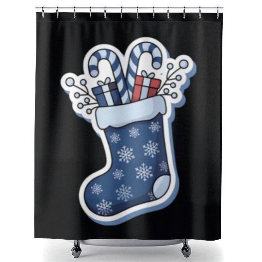 Christmas Stocking Candy Canes Blue And White Shower Curtains
