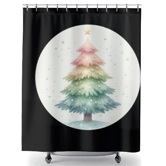 Colorful Christmas Tree in Watercolor Shower Curtains