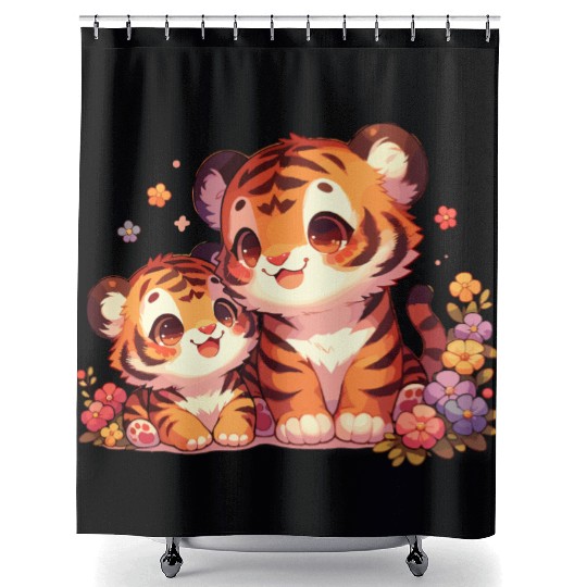 Adorable Tiger Cubs Surrounded By Flowers Shower Curtains