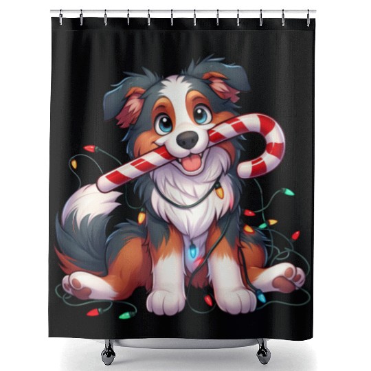 Christmas Dog Australian Shepard Lights Shower Curtains