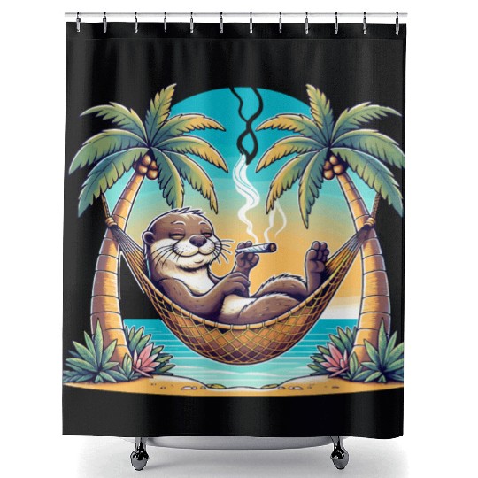 Relaxed Otter in Hammock Smoking Cigar Under Palm Shower Curtains